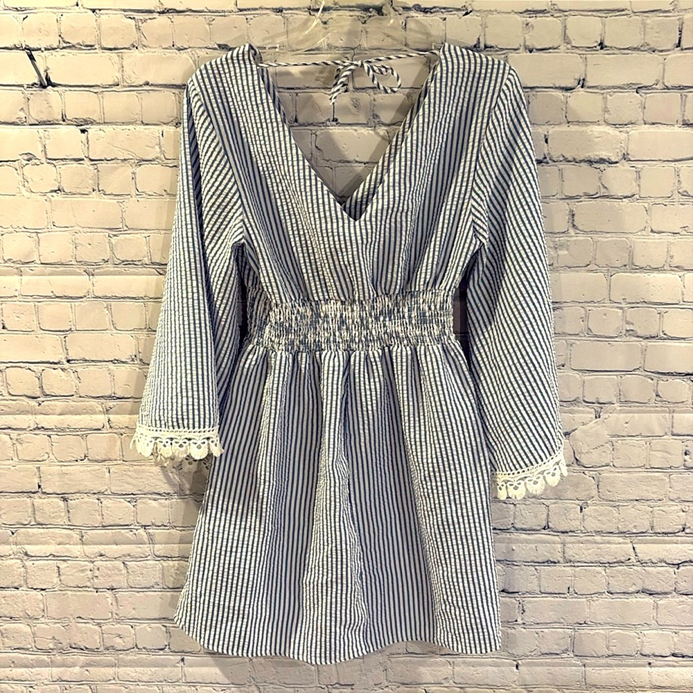 Striped V-Neck Tunic with Lace Trim